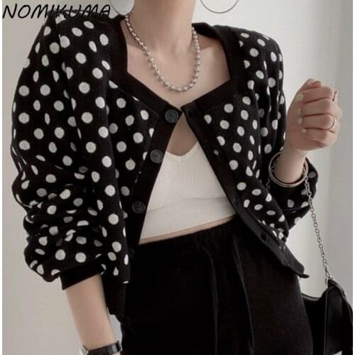 Nomikuma Korean Dot Cardigan Sweater Sweet Puff Sleeve Square Collar Knitted Coat Autumn 2021 New Elegant Short Knitwear 6Z441