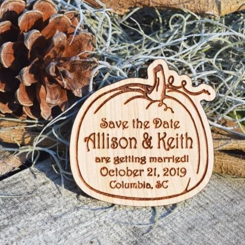 Pumpkin Design Hardwood Save the Date Magnets, Custom Engraved Invitations, Wedding gift