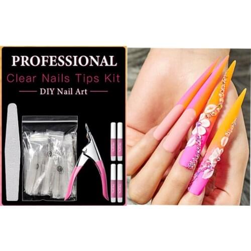 Clear Natural Extra Long Fake Nail Tips Set C Curve Acrylic Extension System False Nails Transparent Salon False Nails