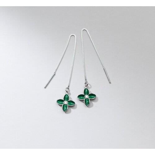Real. 925 STERLING SILVER Piercing Green Enamel Flower Threader Ear Earrings Long Pull Through C-G8903
