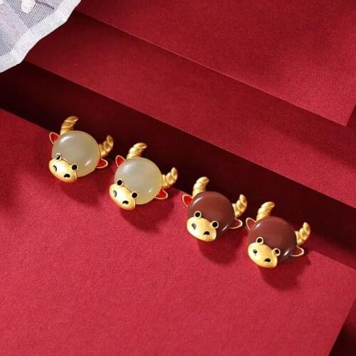 Designer unique creative South red tourmaline zodiac bull ear studs elegant charm creative retro female silver jewelry