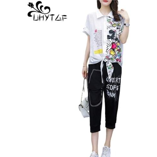 UHYTGF Women Tracksuit Fashion Stitching Printing Casual Summer Two-Piece Set Elegant Female Thin Sportswear Plus Size Suit 1556