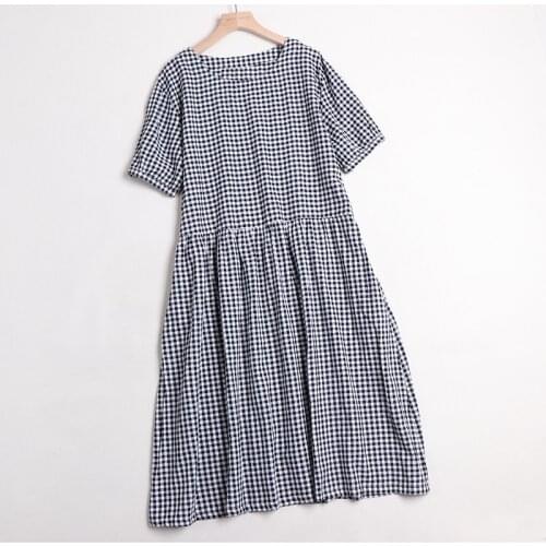 Japan Style Mori Girl Cotton and linen Dress Black White Plaid O-Neck Short Sleeve Loose Dress Women