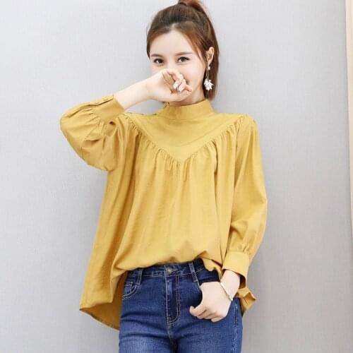 2019 Fall Spring Womens Female Stand Collar Long Sleeve Loose Ruffles Blouse Top , Fashion Casual Tops and Blouses for Women