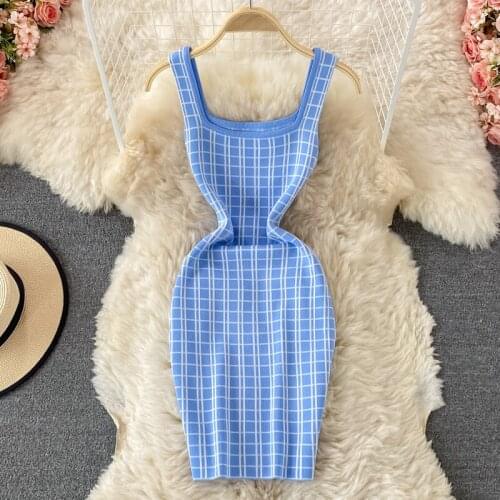 2021 summer new Korean version of all-match age-reducing sling skirt is thin ice silk knitted plaid bag hip dress female