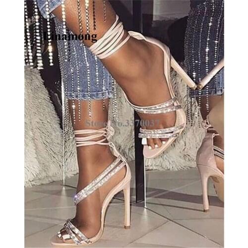 Women Charming Shining Rhinestone Straps Stiletto Heel Gladiator Sandals Lace-up Crystal High Heel Sandals Wedding Heels Shoes