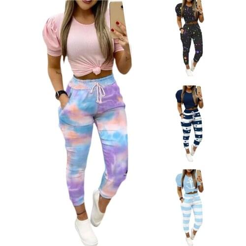 2Pcs Women Summer Tracksuits, Solid Color Short Sleeves T-Shirt + Drawstring Elastic Waist Casual Pants for Girls, 4 Colors