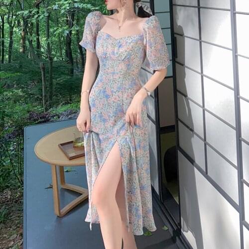 Vintage Flower Split Dress Women Puff Sleeve Elegant Long Fairy Dress Casual Party Beach Holiday Summer Dress Women 2021 Korean