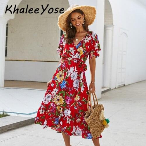 KHALEE YOSE Summer Floral Wrap Dresses 2021 Women Long Vintage Dress Cotton Lace Up Holiday Beach Boho Casual Chic Red Dress