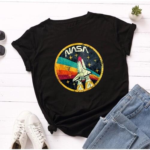 100% Cotton Womens T-shirt O-Neck Harajuku Summer Colorful Spacecraft Print Short Sleeve Top Casual Female T shirt Oversize 5XL