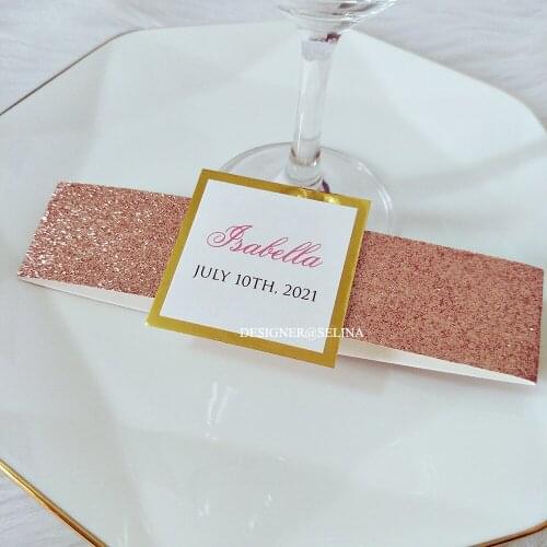 50pcs/Lot Elegant Pink Gold Glitter Belly Band and Tag with Mirror Bottom For Wedding Invitations Party Favor Belt