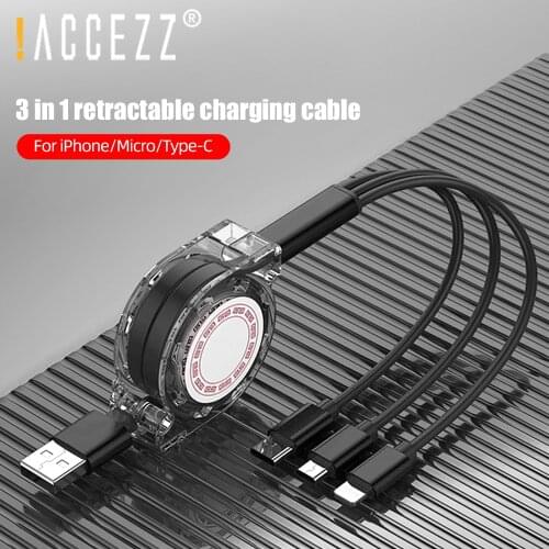 !ACCEZZ 3 in 1 USB Cable Lighting Cable Charging For iPhone 11 Pro XS X 8 Samsung Xiaomi Cable Retractable Micro USB Type C Cord