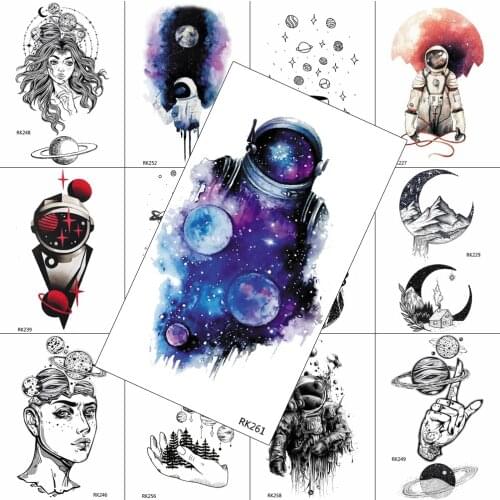 Watercolor Astronaut Planets Moon Temporary Tattoos Fake Body Art Legs Arm Tattoos Paper For Men Women Realistic Sheets Sticker