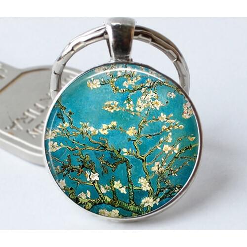 Van Gogh Almond Branch in Bloom keychain Van Gogh art keyring cabochon glass Van Gogh key chain ring fashion gift