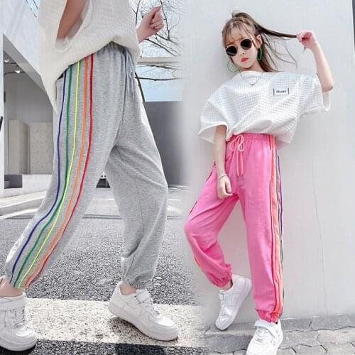 Teenage Girls Pants Summer Fashion Loose Sport Pants Side Color Striped Kids Casual Pants School Children Trousers 6 8 10 12Yrs