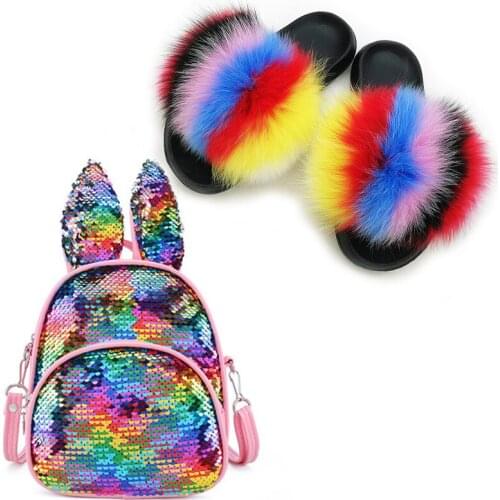 Baby shoes Fox Fur Slippers Summer Furry Slippers Girl Leather Fox Fur Slippers Childrens Fashion Sequin Bag Real Fur Slides