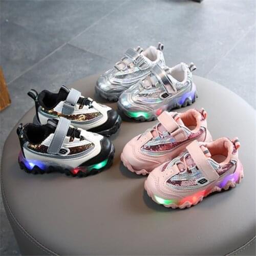 Children in the spring autumn light fashion sneakers private waves antiskid sequins breathable shoes LED treasure toddlers
