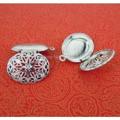 20x15x5mm Rhodium tone Essential Oil Diffuser Openable Small Oval Filigree Hollow Prayer Box Photo Frame Locket Pendant Charms