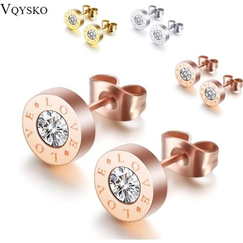 Double Love Stamp new style fashion 8mm Stainless Steel Three Color Cubic Zirconia stud earrings for women