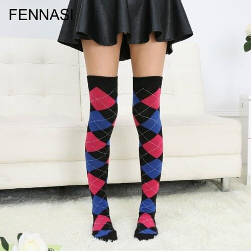 FENNASI Women Lattice Thick Warm Stockings Autumn Over Knee Thigh High Kawaii Colorful Student Cotton Knee High Long Pantyhose
