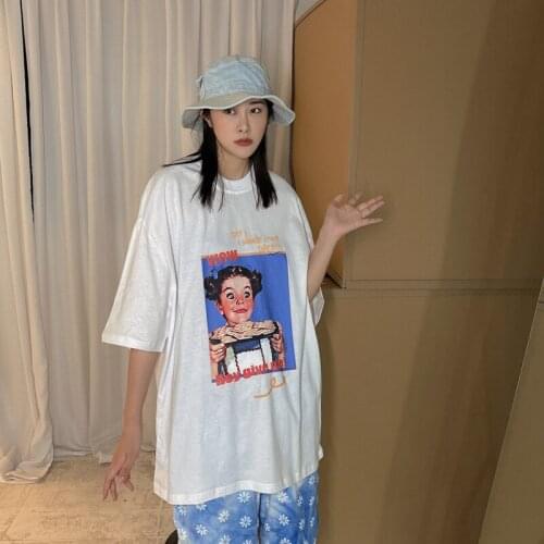 Retro American cartoon printed T-shirts womens loose summer Korean personality salt series ins short sleeve top fashion tees