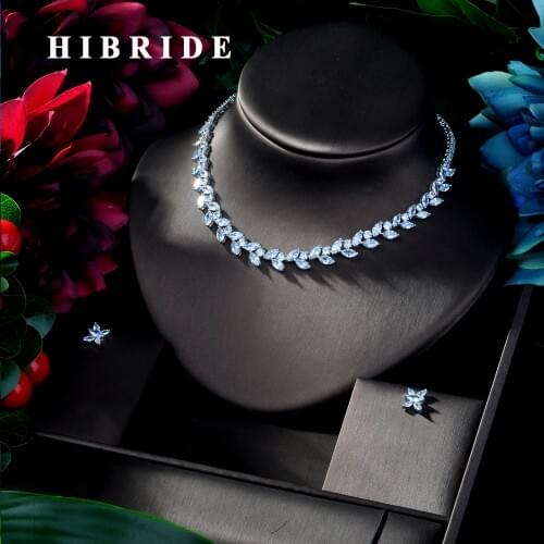 HIBRIDE Exquisite Cubic Zirconia Wedding Party Jewelry Set Leaves Shape High Quality CZ Bridal Necklace Earring N-283