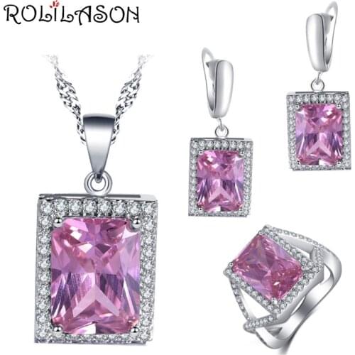 ROLILASON Romantic anniversary gift For girl Pink Zircon Square Design Earrings Necklace Rings Jewelry Sets JS753