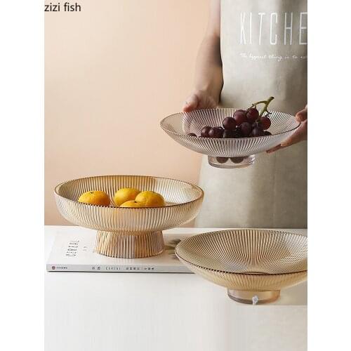 Creative Glass Fruit Plate Large Capacity Round Vertical Pattern Glass Fruit Plate Snacks Candy Storage Tray Kitchen Decoration