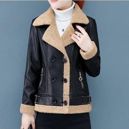 Jacket Women Winter Wool Thicken Warm Pu Leather Short Faux Double Breasted Casual Korea Coats Lamb Wool Collar Outerwear