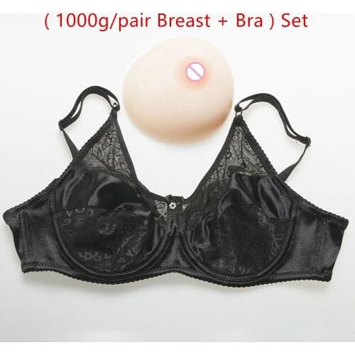 1000g/pair Realistic Silicone Boobs Soft White Breast Form+Sexy Lace Satin Crossdresser Fake Breast Pocket Bra) Set D Cup