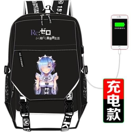 Cartoon Backpack Re:Life in a different world from zero Anime Backpack School Bags Bookbags USB Charging Laptop Shoulders Bags