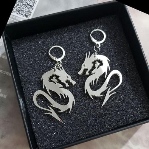 Super Cool Shiny Silver Dragon Totem Acrylic Drop Earrings Animal Mirror Dragon Hoop Earrings Fashion Jewelry Unisex E56A