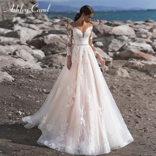 Ashley Carol A-Line Wedding Dress 2021 Long Sleeve Princess Sexy Sweetheart Beaded Sashes Appliques Bridal Gown Vestido De Novia