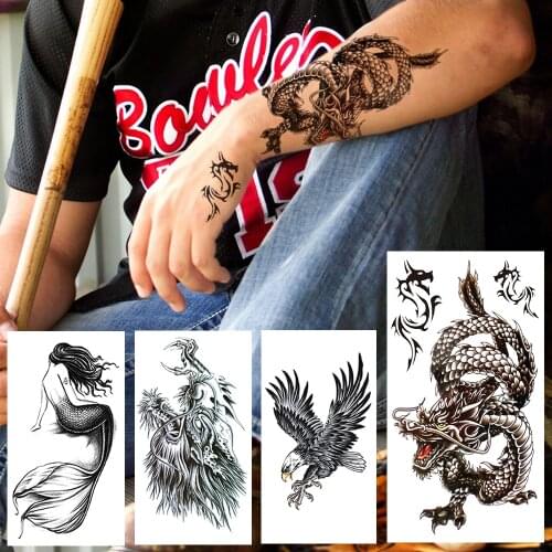 Ferocious Dragon Temporary Tattoo For Men Women Black Mermaid Fake Tattoos Geometric Eagle Hands Faucet Waterproof Tatoos Sheets