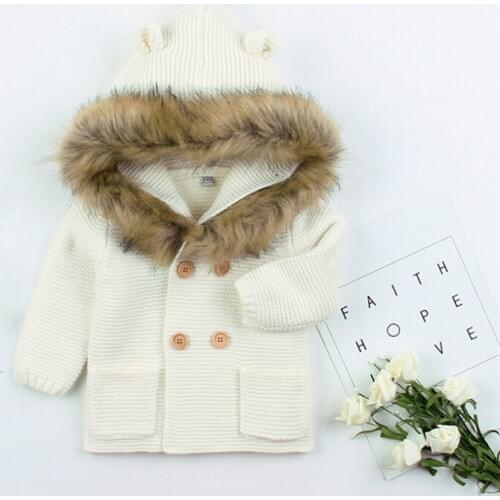 Baby Boy Girl Hooded Fur Collar Knit Jacket Coat Winter Autumn Long Sleeve Pocket Casual Solid Outerwear Clothes