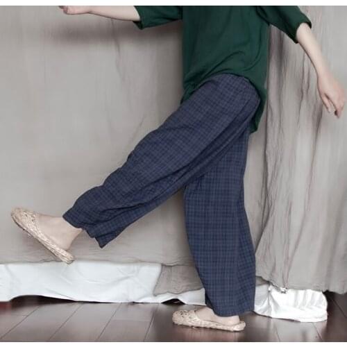 Women Summer Cotton Linen Plaid Pants Ladies Elastic Waist Plaid Wide Leg Trousers Female Plus Size Pants