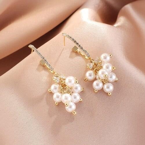 Gojomem Korean Female Imitation Peals Pendant Earrings Gold-Plated Color with Cubic Zirconia Earring for Women Girls Christmas