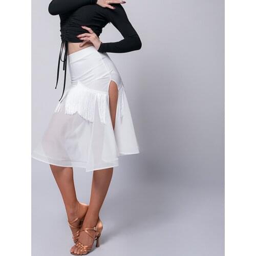 Women Latin Dance Costume For Women White/Black Mesh Fringe Skirt For Training Female Samba Dance Stage Performance Clothes