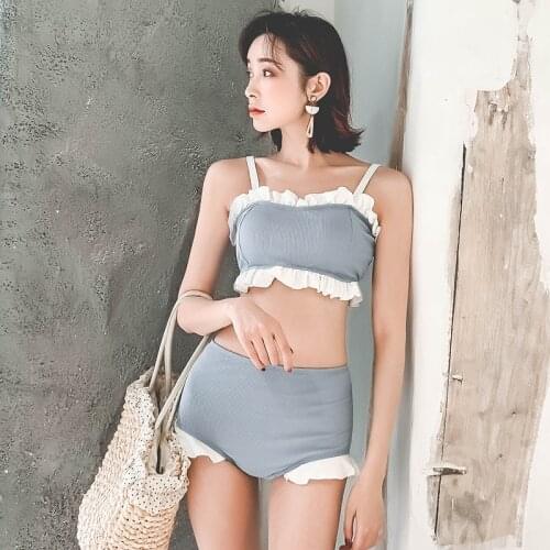 2021 Korean Women High Waist Swimsuit Sexy Solid Adjustable Shoulder Strap Ruffle Lovely Cute Girls Retro Gray Maillot
