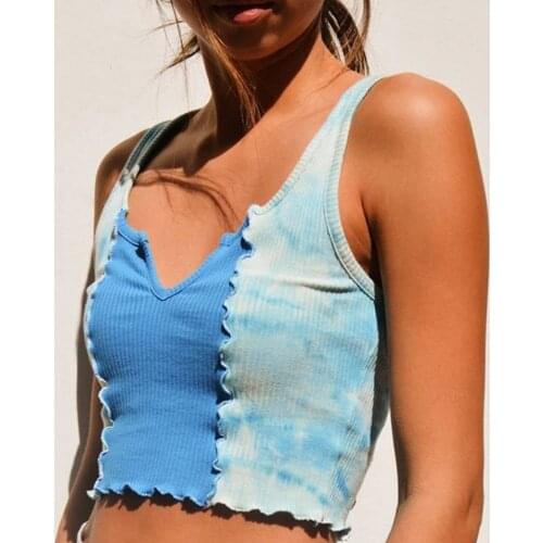 Womens Tie Dye Vest Summer Ladies V-neck Splicing Ruffle Crop Tops Outing Umbilicus Exposure Blouse Camis Fashion Tank Tops