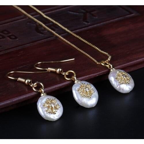 2021Tiny Gold Snow Snowflake Charm Beads Real Freshwater Pearl Dangle Earring Choker Necklace Jewelry Set For Women Daily Jewels