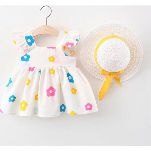 2021 New Summer Baby Girls Dress Sleeveless Print Floral Princess Dresses With Hat Girls Clothing Set Kids Casual Dresses