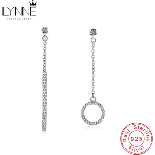 Hot Sale Asymmetry Round And Long Strip Zircon Drop Earrings 925 Sterling Silver Rhinestone Pendant Earring Women Jewelry Gift