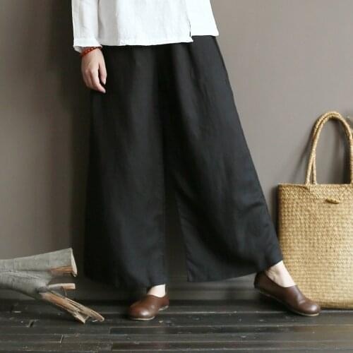 Women Elastic Waist Cotton Linen Wide Leg Pants Ladies Autumn Loose Solid Color Cotton Flax Wide Leg Trousers Female Pants Fall