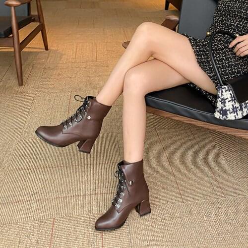 Spring Autumn Fashion Solid Color Round Toe Cross Lace Student Short boots Winter Warm Thick Heel Ladies Knight Boots