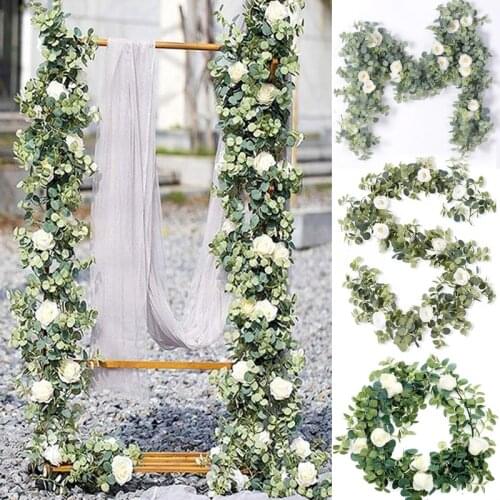 185cm Artificial Flowers Plants Fake Eucalyptus Garland Camellias Silk Rose Vine Decoration Faux Leaf Floral Hanging for Wedding
