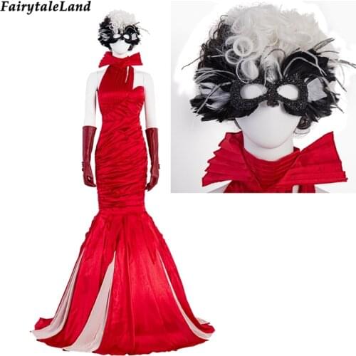 Halloween Sexy Cruella Cosplay Red Dresses Fashion Queen Costume Wedding Evening Party Gown Fancy wig Mask Mermaid Dress