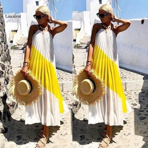 Fashion Women Sexy Sleeveless Halter Solid Color Splicing Beach Party Long Dress Fashion Fashion Girl Woman Autumn