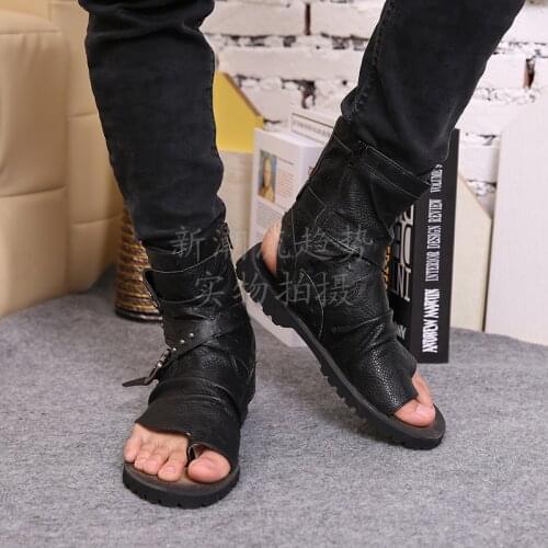 Men Gladiator Genuine Leather High Top Rome Beach Ring Toe Sandals Rivet Studs Shoes Belt Buckle Black Gold Brown Plus Sz C767