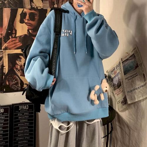 Mens womens Hoodies autumn winter plus velvet trend lovers bear doll hooded sweatshirt loose Hong Kong style streetwear top